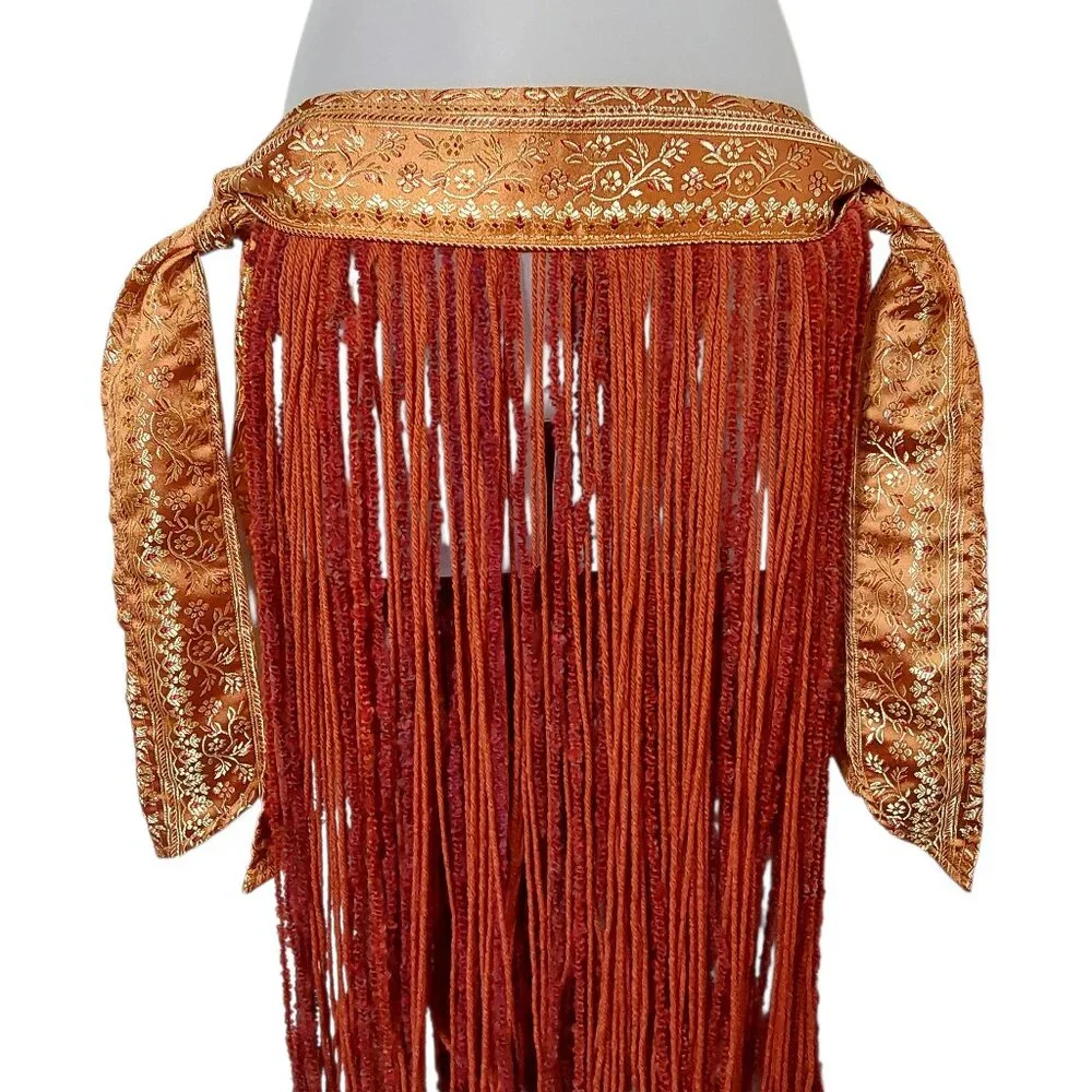NWOT Handcrafted Tribal Bellydance Two-Panel Skirt Orange Gold Brocade Fringe OS